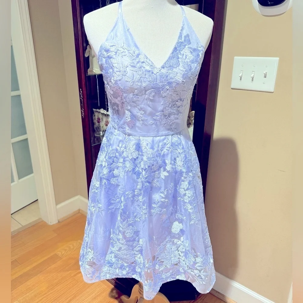 BCX  Embroidered Lined Lavender Nylon Fit & Flare Flocked Mesh Dress Sz 9